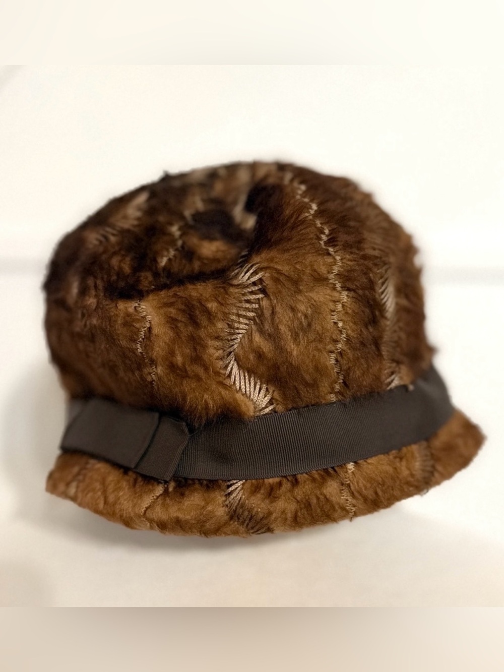 Vintage Mr. Dennis Plush Brown Faux Fur Bucket Hat with Ribbon Band